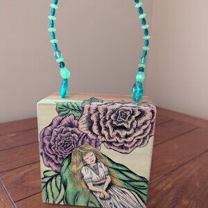 Handpainted Boho Wooden Trinket Box Purse Beaded Handle Floral Design NWOT